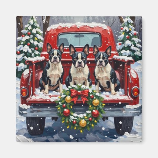 Boston Terrier Christmas Red Truck Holiday Magnet (Vorne)