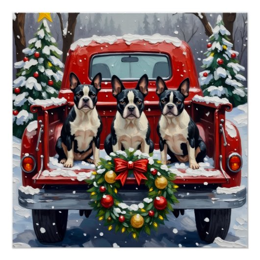 Boston Terrier Christmas Red Truck Holiday Poster (Vorderseite)