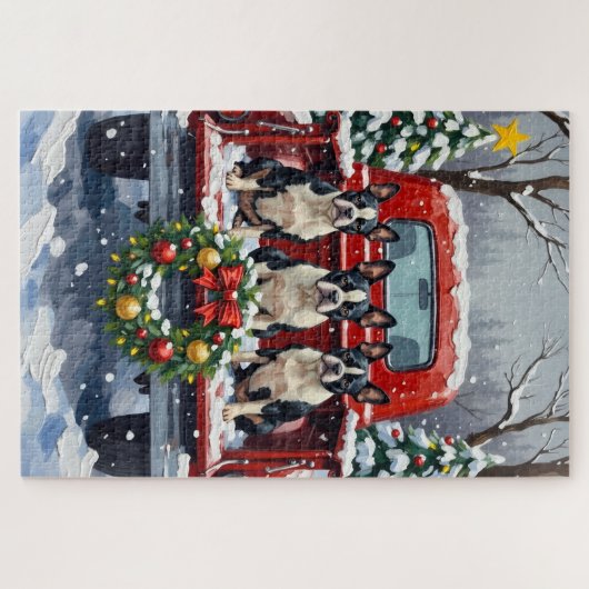 Boston Terrier Christmas Red Truck Holiday Puzzle (Horizontal)