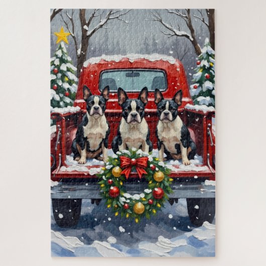 Boston Terrier Christmas Red Truck Holiday Puzzle (Vertikal)