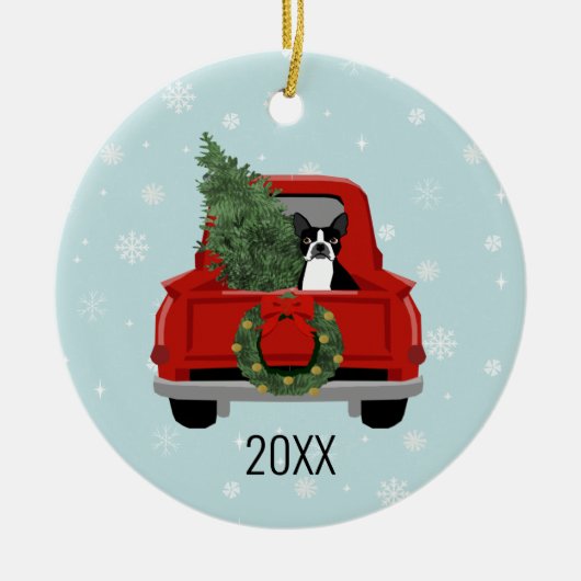 Boston Terrier Christmas Red Truck Keramik Ornament (Vorne)