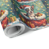 Boston Terrier Christmas Santa Bag Adventure Geschenkpapier (Rolleneckpunkt)