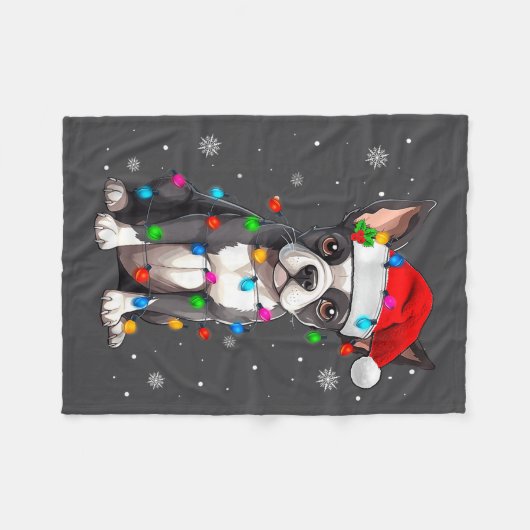Boston Terrier Christmas Santa Hat Fleecedecke (Vorderseite (Horizontal))