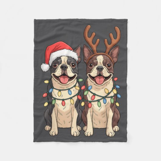 Boston Terrier Christmas Santa Hat Reindeer Lights Fleecedecke (Vorderseite)