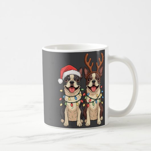 Boston Terrier Christmas Santa Hat Reindeer Lights Kaffeetasse (Rechts)