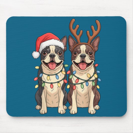 Boston Terrier Christmas Santa Hat Reindeer Lights Mousepad (Vorne)