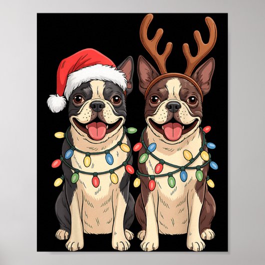 Boston Terrier Christmas Santa Hat Reindeer Lights Poster (Vorne)