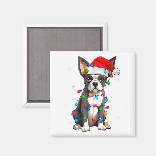 Boston Terrier Christmas Santa Hat Tree Lights Paj Magnet (Vorderseite/Rückseite)