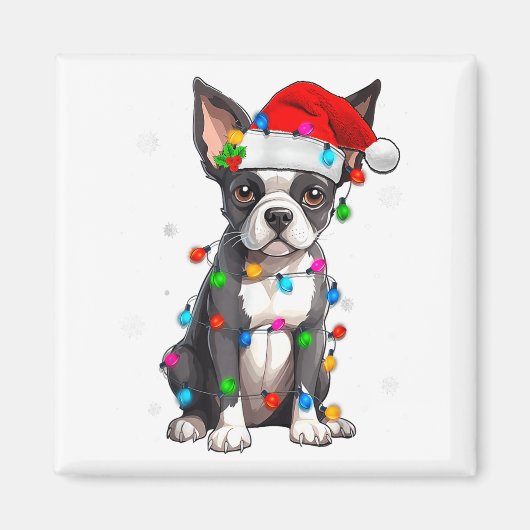 Boston Terrier Christmas Santa Hat Tree Lights Paj Magnet (Vorne)