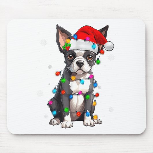 Boston Terrier Christmas Santa Hat Tree Lights Paj Mousepad (Vorne)