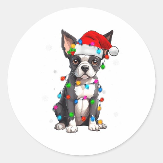 Boston Terrier Christmas Santa Hat Tree Lights Paj Runder Aufkleber (Vorderseite)