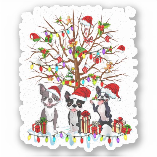 Boston Terrier Christmas Tree Funny Xmas Boston Te Aufkleber (Vorderseite)