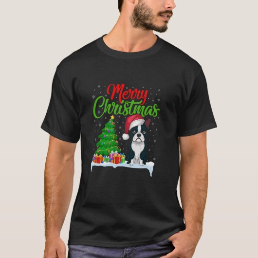 Boston Terrier Christmas Tree Lights Funny Xmas Do T-Shirt (Vorderseite)