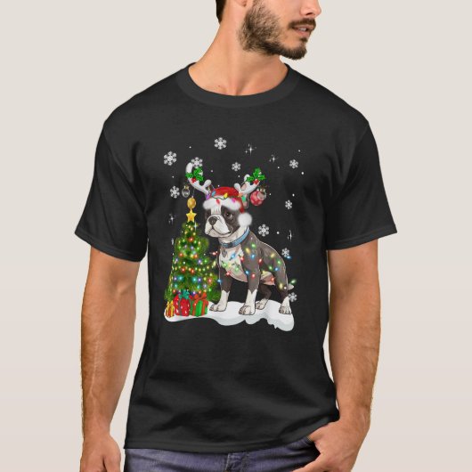 Boston Terrier Christmas Tree Lights Weihnachtsman T-Shirt (Vorderseite)
