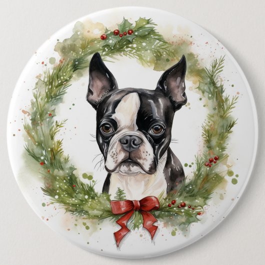 Boston Terrier Christmas Wreath Festivals Button (Vorderseite)
