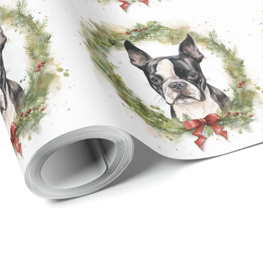 Boston Terrier Christmas Wreath Festivals Geschenkpapier (Rolleneckpunkt)
