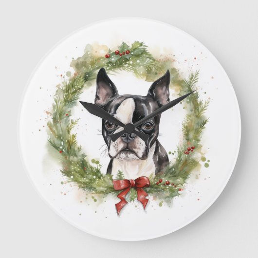 Boston Terrier Christmas Wreath Festivals Große Wanduhr (Vorderseite)