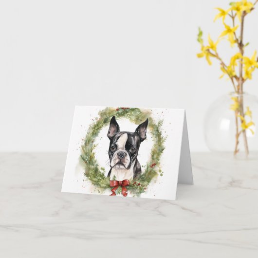 Boston Terrier Christmas Wreath Festivals Karte (Gelbe Blume)