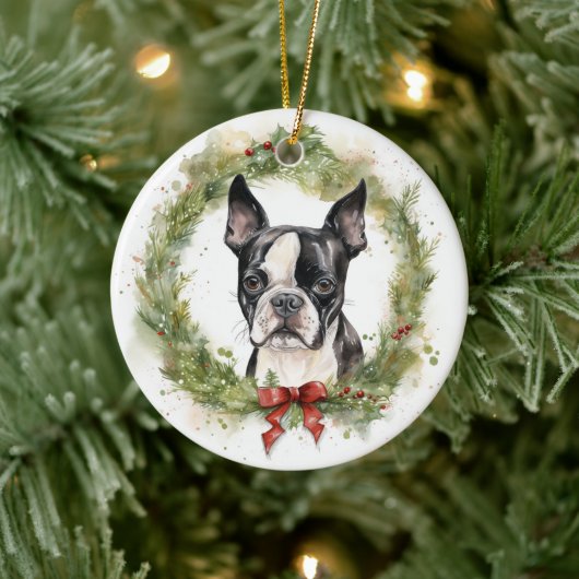 Boston Terrier Christmas Wreath Festivals Keramik Ornament (Baum)