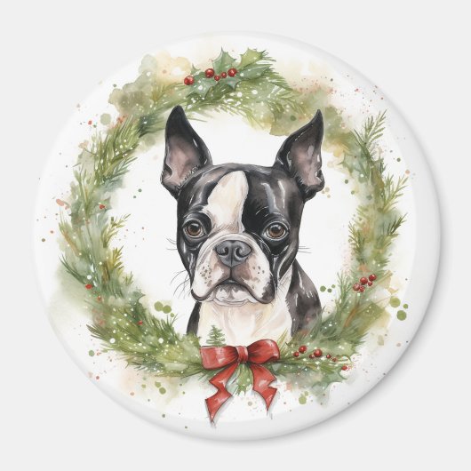 Boston Terrier Christmas Wreath Festivals Magnet (Vorne)
