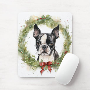 Boston Terrier Christmas Wreath Festivals Mousepad