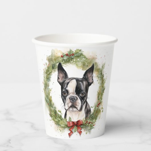 Boston Terrier Christmas Wreath Festivals Pappbecher (Vorderseite)