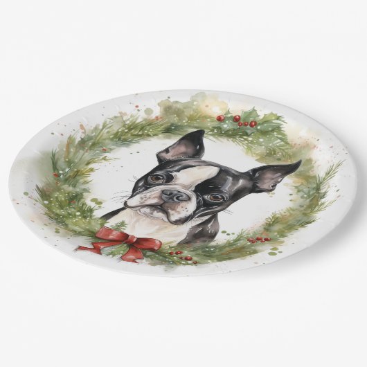 Boston Terrier Christmas Wreath Festivals Pappteller (Schrägansicht)