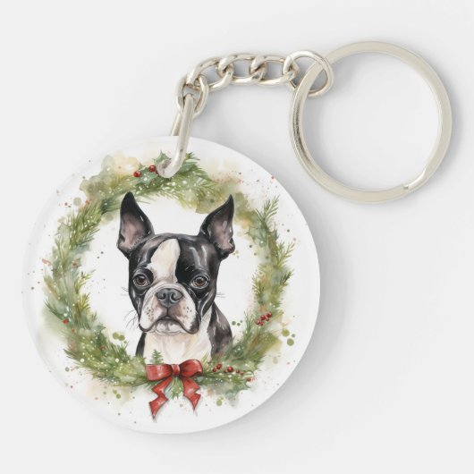 Boston Terrier Christmas Wreath Festivals Schlüsselanhänger (Rückseite)