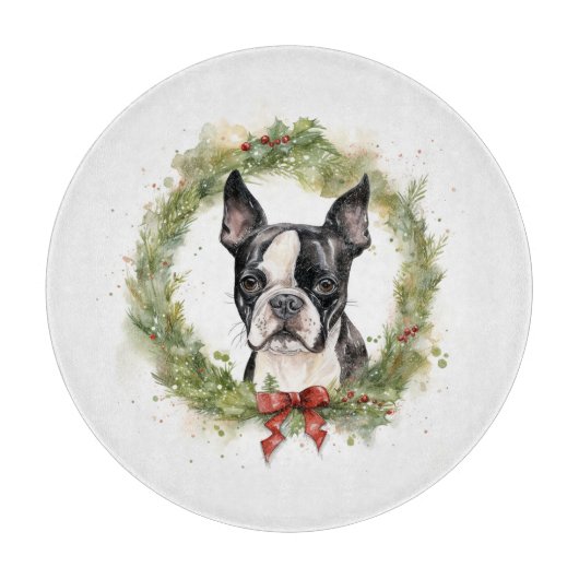 Boston Terrier Christmas Wreath Festivals Schneidebrett (Vorderseite)