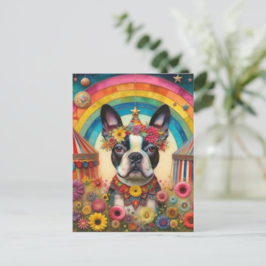 Boston Terrier Circus farbenfroh Postkarte (Stehend Vorderseite)