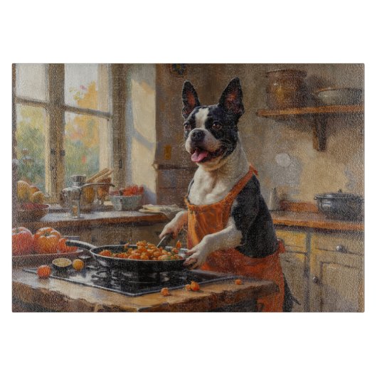 Boston Terrier Cooking in Kitchen Schneidebrett (Vorderseite)