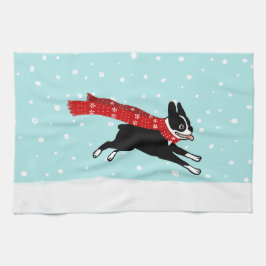 Boston Terrier, das in den Schnee - Feiertags-Hund Geschirrtuch