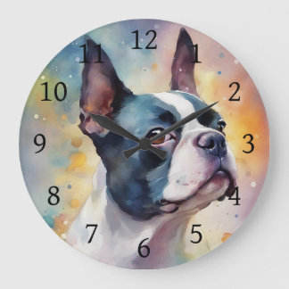 Boston Terrier Digital Watercolor Portrait Dog 173 Große Wanduhr