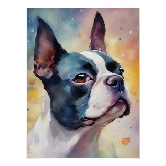 Boston Terrier Digital Watercolor Portrait Dog 173 Poster (Vorderseite)