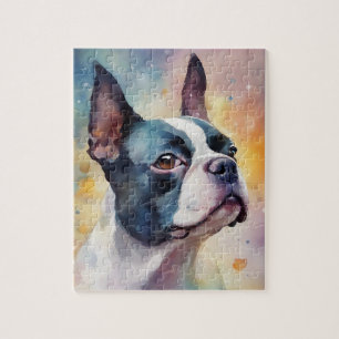 Boston Terrier Digital Watercolor Portrait Dog 173 Puzzle