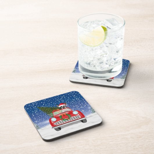 Boston Terrier Dog Autofahren Auto in Schnee Weihn Getränkeuntersetzer (Rechte Seite)