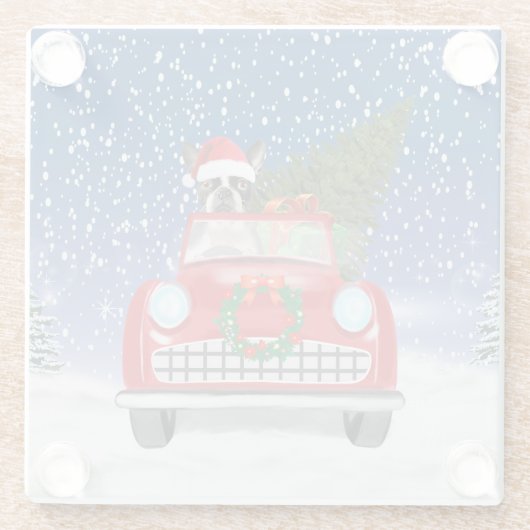 Boston Terrier Dog Autofahren Auto in Schnee Weihn Glasuntersetzer (Rückseite)