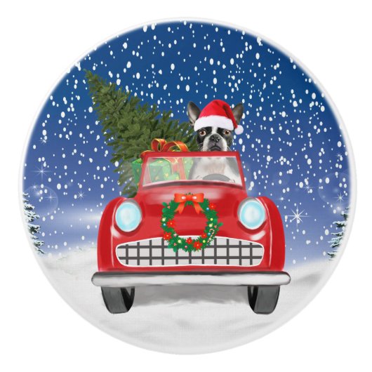 Boston Terrier Dog Autofahren Auto in Schnee Weihn Keramikknauf (Vorderseite)