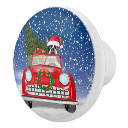 Boston Terrier Dog Autofahren Auto in Schnee Weihn Keramikknauf (Rechts)