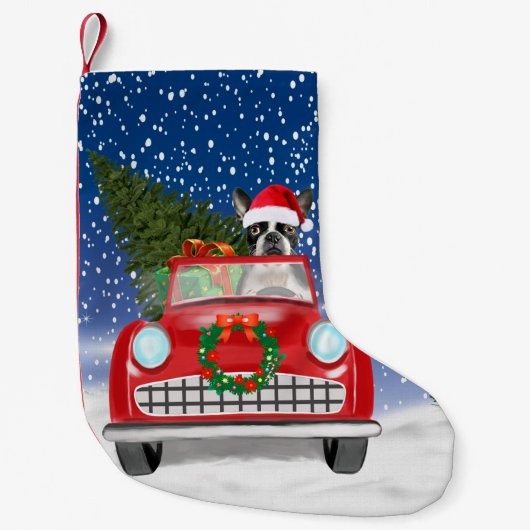 Boston Terrier Dog Autofahren Auto in Schnee Weihn Kleiner Weihnachtsstrumpf (Vorderseite)