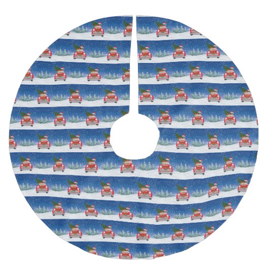 Boston Terrier Dog Autofahren Auto in Schnee Weihn Polyester Weihnachtsbaumdecke (Vorderseite)