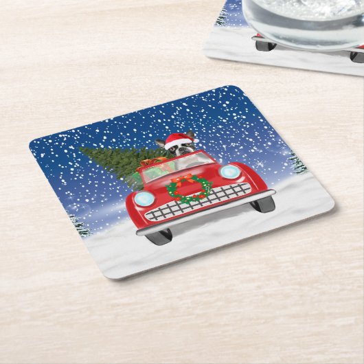 Boston Terrier Dog Autofahren Auto in Schnee Weihn Rechteckiger Pappuntersetzer (angewinkelt)