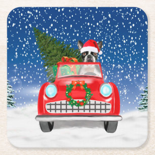 Boston Terrier Dog Autofahren Auto in Schnee Weihn Rechteckiger Pappuntersetzer