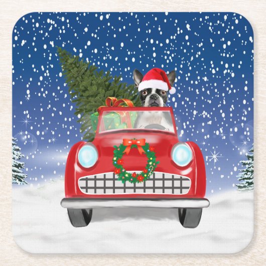 Boston Terrier Dog Autofahren Auto in Schnee Weihn Rechteckiger Pappuntersetzer (Vorderseite)