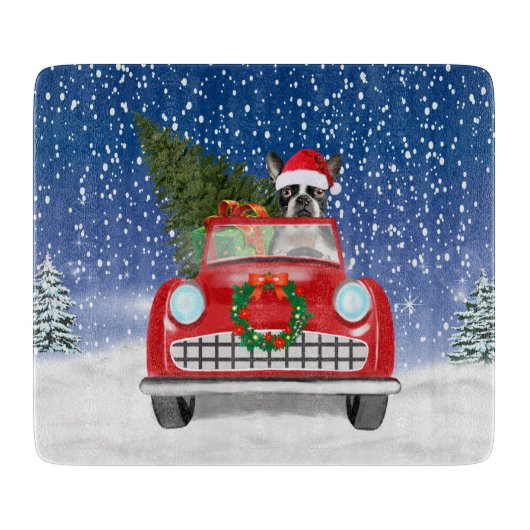 Boston Terrier Dog Autofahren Auto in Schnee Weihn Schneidebrett (Vorderseite)