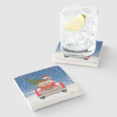 Boston Terrier Dog Autofahren Auto in Schnee Weihn Steinuntersetzer (Seitenansicht)