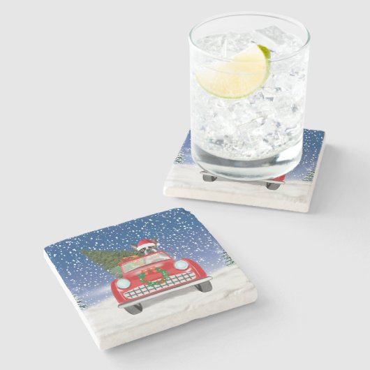 Boston Terrier Dog Autofahren Auto in Schnee Weihn Steinuntersetzer (Seitenansicht)