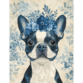 Boston Terrier Dog Blue Floral Spielkarten
