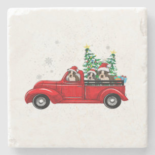 Boston Terrier Dog Driving Xmas Truck Weihnachten Steinuntersetzer