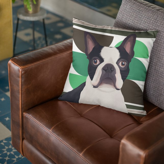Boston Terrier Dog - Dunkle grüne Geometrie Kissen (Von Creator hochgeladen)